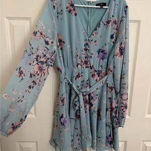 Lulu's Blue and Green Wrap Sundress with Bishop Sleeves